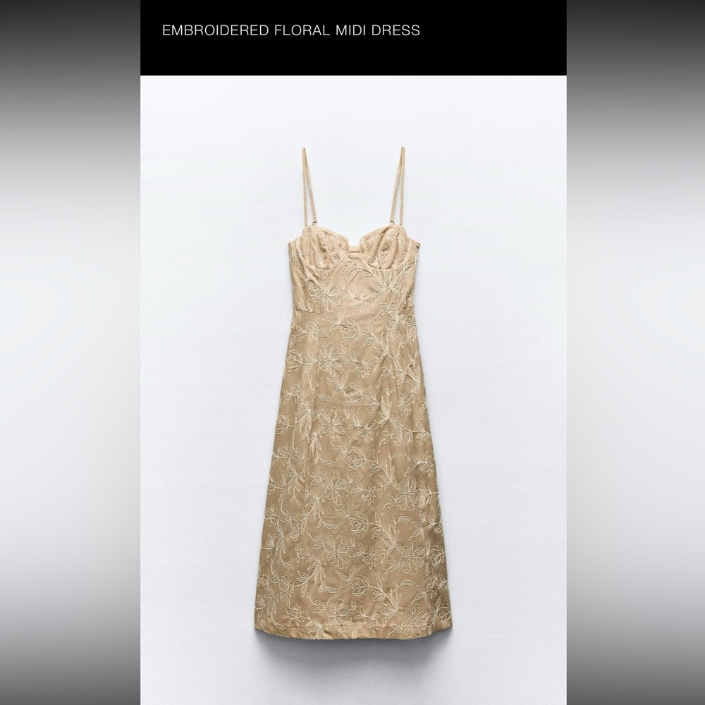 ZARA LINEN Embroidered Beige Spaghetti Strap Dress
